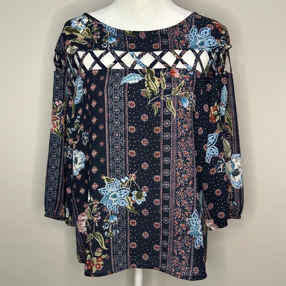 Signature Studio Navy Floral Lattice Cutout Boho Blouse Top L Festival Gypsy